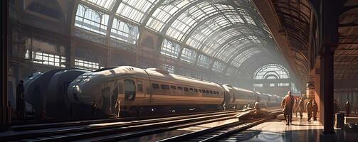 futuristisch Zug Transport Infrastruktur Panorama, Menschen warten zum Zug auf Eisenbahn Bahnhof, Lokomotive Umzug, Fußgänger Brücke, modern Stadt auf Hintergrund, Geschäft Gebäude. generativ ai. foto