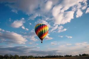 bunt heiß Luft Ballon fliegend auf Himmel beim Sonnenuntergang. Reise und Luft Transport Konzept. generativ ai. foto