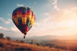 bunt heiß Luft Ballon fliegend auf Himmel beim Sonnenuntergang. Reise und Luft Transport Konzept. generativ ai. foto