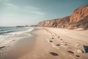 tolle Strand mit endlos Horizont und Spuren auf das Sand. generativ ai. foto