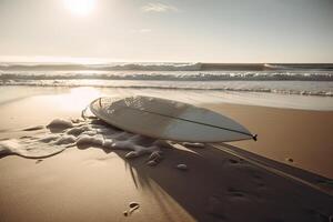 Surfbrett auf das Strand mit Strand Zeichen zum Surfen Bereich. Reise Abenteuer und Wasser Sport. Entspannung und Sommer- Ferien Konzept. Jahrgang Farbe Ton Bild. generativ ai foto