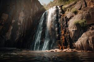 großartig Aussicht auf Wasserfall mit bunt Himmel während Sonnenuntergang. wunderbar Natur Landschaft. Reise ist ein Lebensstil, Konzept. Island Beliebt Platz von Reise und touristisch Standort. generativ ai. foto