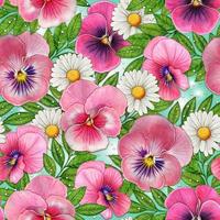Aquarell Blumen- Stiefmütterchen und Gänseblümchen nahtlos Muster foto