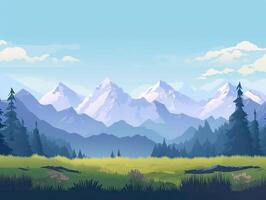 Illustration von eben Sommer- Karikatur Landschaft. Felder mit Bäume und Berge im das Hintergrund. generativ ai. foto