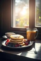 köstlich Pfannkuchen, mit frisch Blaubeeren, Erdbeeren und Ahorn Sirup auf ein Licht Hintergrund. mit Kopieren Raum. Süss Ahorn Sirup fließt von ein Stapel von Pfannkuchen. generativ ai. foto