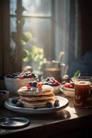 köstlich Pfannkuchen, mit frisch Blaubeeren, Erdbeeren und Ahorn Sirup auf ein Licht Hintergrund. mit Kopieren Raum. Süss Ahorn Sirup fließt von ein Stapel von Pfannkuchen. generativ ai. foto