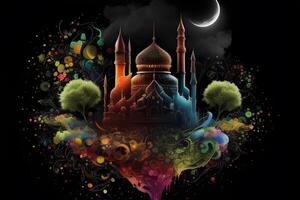 eid Mubarak Gruß Fantasie Karte Design mit 3d machen Moschee. Illustration Design durch generativ ai. foto