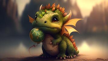 3d machen Illustration von ein süß klein Dinosaurier mit ein Grün Erde Globus. generativ ai. foto