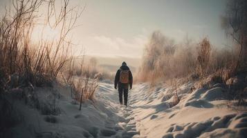 Wanderer mit Rucksack Gehen auf schneebedeckt Weg im Winter Berge. Reise und Abenteuer konzept.winter Landschaft foto