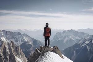 Mann Stehen auf das oben von ein schneebedeckt Berg Gipfel. Panorama- Aussicht foto