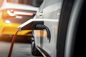 schließen oben Laden ein elektrisch Auto Batterie, Neu innovativ Technologie ev elektrisch Fahrzeug foto