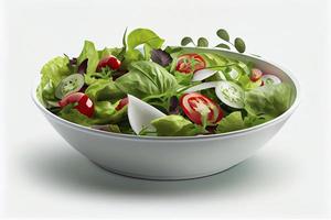 Salat im Schüssel auf Teller gegen Weiß Hintergrund foto