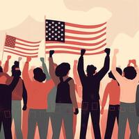 das Konzept von das Kampf zum Rechte und Freiheiten. Protest. Hände geballt in Fäuste gegen das Hintergrund von das amerikanisch Flagge. eben Illustration. erstellt mit generativ ai. foto