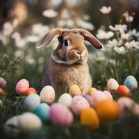 Ostern süß Hase sitzt mit Eier auf das Hintergrund von Frühling Natur. erstellt mit generativ ai. foto