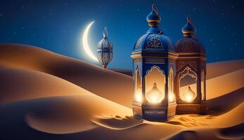 Ramadan kareem thematisch, Laterne islamisch Moschee und Halbmond Mond im das Wüste beim Nacht, generativ ai foto