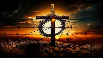 Kreuz von Jesus Christus brechen Barriere Draht auf ein Hintergrund mit dramatisch Beleuchtung, bunt Berg Sonnenuntergang, generativ ai foto
