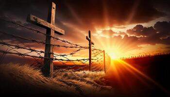Kreuz von Jesus Christus brechen Barriere Draht auf ein Hintergrund mit dramatisch Beleuchtung, bunt Berg Sonnenuntergang, generativ ai foto