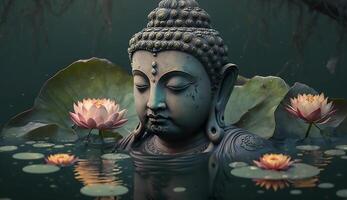 uralt Buddha Statur im Schwimmbad mit Lotus, generativ ai foto