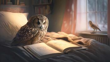 Eule lesen Buch auf Bett im Bett Zimmer, Weisheit und Wissen Konzept, generativ ai foto