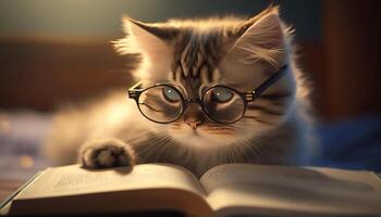 Katze tragen Brille lesen Buch mit ein Licht leuchtenden, generativ ai foto