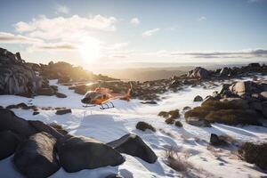Suche und Rettung Betrieb im Berge. medizinisch Rettung Hubschrauber Landung im schneebedeckt Berge. erstellt mit generativ ai foto