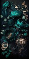 generativ ai, schließen oben von Blühen Blumenbeete von tolle blaugrün Blumen auf dunkel launisch Blumen- texturiert Hintergrund. Vertikale Format. foto
