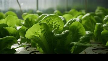 generativ ai, Grüner Salat Makro fotorealistisch Illustration, landwirtschaftlich Pflanzen. Natur organisch gesund Bauernhof Essen Konzept, horizontal Banner. foto