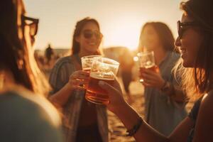 weiblich freunde Jubel mit Bier beim Musik- Festival, Sommer- Strand Party foto
