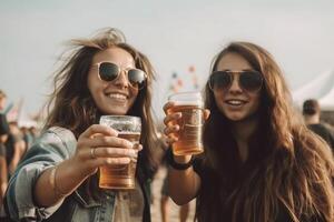 weiblich freunde Jubel mit Bier beim Musik- Festival, Sommer- Strand Party foto