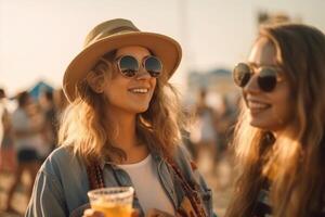 weiblich freunde Jubel mit Bier beim Musik- Festival, Sommer- Strand Party foto