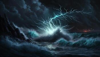 hell Blitz im ein tobt Meer. ein stark Sturm im das Ozean. groß Wellen. Nacht Gewitter. generativ ai foto