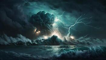 hell Blitz im ein tobt Meer. ein stark Sturm im das Ozean. groß Wellen. Nacht Gewitter. generativ ai foto