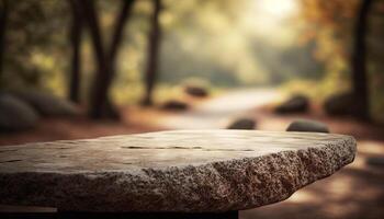 Stein Tafel leeren Tabelle im Vorderseite von verschwommen Hintergrund. Perspektive braun Stein Über verwischen Bäume im Wald. generativ ai foto