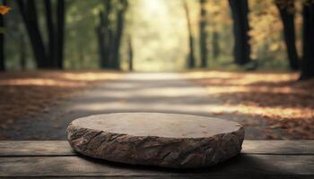 Stein Tafel leeren Tabelle im Vorderseite von verschwommen Hintergrund. Perspektive braun Stein Über verwischen Bäume im Wald. generativ ai foto