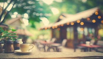 verschwommen Hintergrund - - Kaffee Geschäft im Garten verwischen Hintergrund mit Bokeh. generativ ai foto