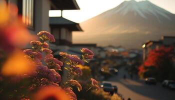 Aussicht von montieren Fuji mit Kirsche Blüte, und Blumen beim das See im Japan. montieren Fuji mit Kirsche Blüte, Blumen beim das See im Japan Fuji Berg beim Standpunkt. generativ ai foto