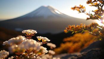 Aussicht von montieren Fuji mit Kirsche Blüte, und Blumen beim das See im Japan. montieren Fuji mit Kirsche Blüte, Blumen beim das See im Japan Fuji Berg beim Standpunkt. generativ ai foto