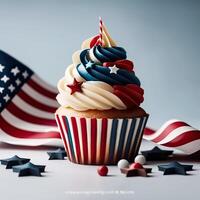Kuchen auf 4 .. von Juli, unabhängigkeit.lecker Cupcakes mit Weiß Sahne und farbig Sterne Sträusel. lecker patriotisch Cupcake auf Weiß Hintergrund. Süss Nachtisch. Kopieren Raum. generativ ai foto