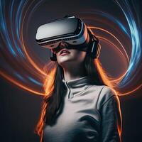 Frau tragen virtuell Wirklichkeit Brille Stehen im virtuell Welt Hintergrund. Konzept von virtuell Wirklichkeit Technologie. nicht existent Person. generativ ai foto
