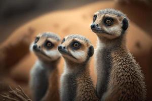 ein Familie von Erdmännchen Stehen aufrecht und suchen um foto