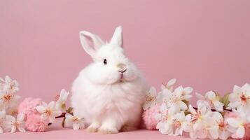 ai generiert süß flauschige Weiß Ostern Hase Hase unter Frühling Rosa Blühen Blumen Urlaub Gruß Karte Kopieren Raum generativ ai foto
