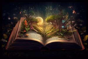 öffnen magisch Buch mit Fantasie Landschaft Über Seiten. erstellt mit generativ ai foto