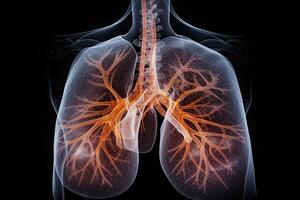 Mensch Lunge auf dunkel Hintergrund, intern Organ zum Atmung. generativ ai foto