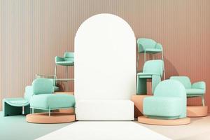 Innere Design Konzept von Zuhause Dekorationen und Möbel während Aktionen und Rabatte, umgeben durch Stuhl, Sofa, Sessel und Werbung Räume. Pastell- Regenbogen farbig Hintergrund. 3d machen foto