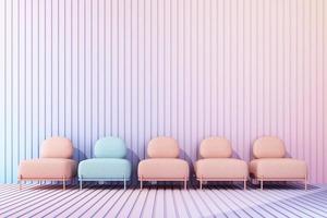 Innere Design Konzept von Zuhause Dekorationen und Möbel während Aktionen und Rabatte, umgeben durch Stuhl, Sofa, Sessel und Werbung Räume. Pastell- Regenbogen farbig Hintergrund. 3d machen foto