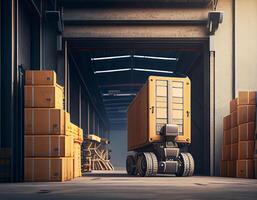 Roboter Center von logistisch Lagerung, Roboter Arm mit Box Arbeiten im das Material industriell.generativ ai foto