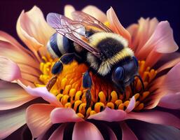 Marco Biene bestäubend und bedeckt im schön Blume Pollen.generativ ai foto