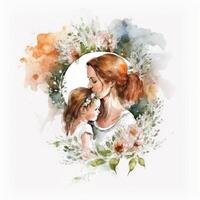 Gemälde von ein Mutter und Tochter Liebe auf Weiß Hintergrund mit Blumen generativ ai foto