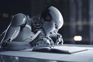 Roboter erkunden Neu bisschen von Information und lesen Buch. Konzept von Maschine Lernen foto