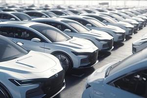 Neu selbst Fahren Autos Flotte warten zu Sein exportiert, groß Beträge von elektrisch Fahrzeug im Händler Parkplatz foto